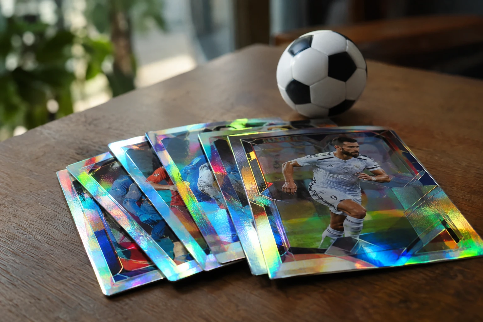 Chromium soccer trading cards fanned on a table next to a small soccer ball