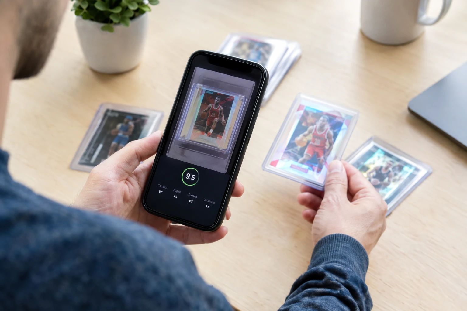 Beginner-friendly overview of AI card grading showing a phone scanning a trading card with grade results on screen