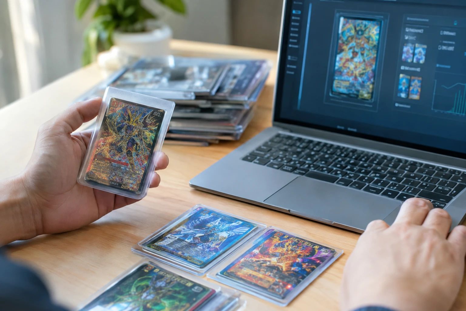 Duel Masters Japanese TCG cards being analyzed by AI grading tool for PSA grade prediction