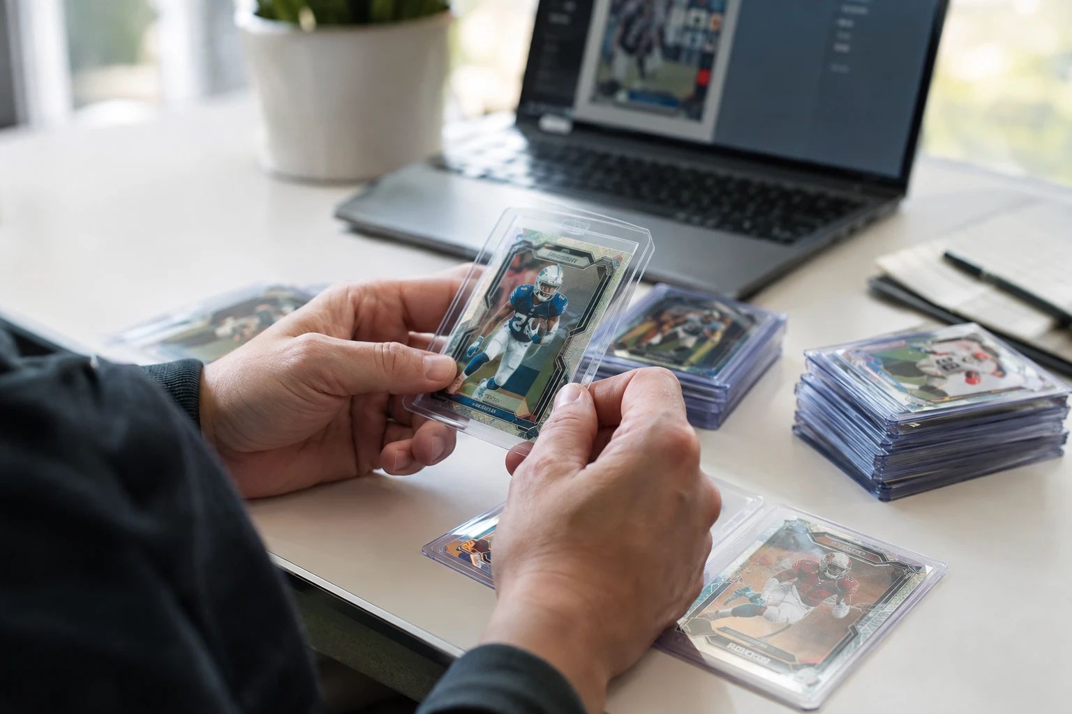 AI football card grading showing Panini Prizm NFL rookie cards being analyzed for centering and corners