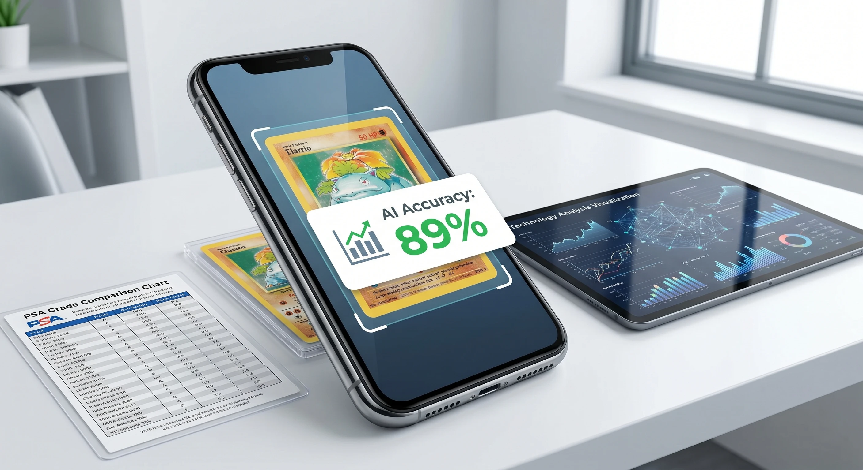 AI card grading accuracy comparison showing smartphone scanning trading card