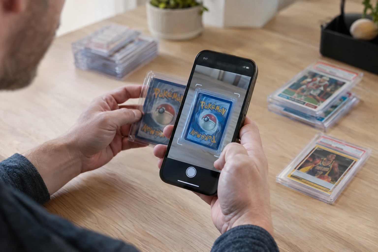 Collector scanning a Pokémon card with an AI grading app on a smartphone