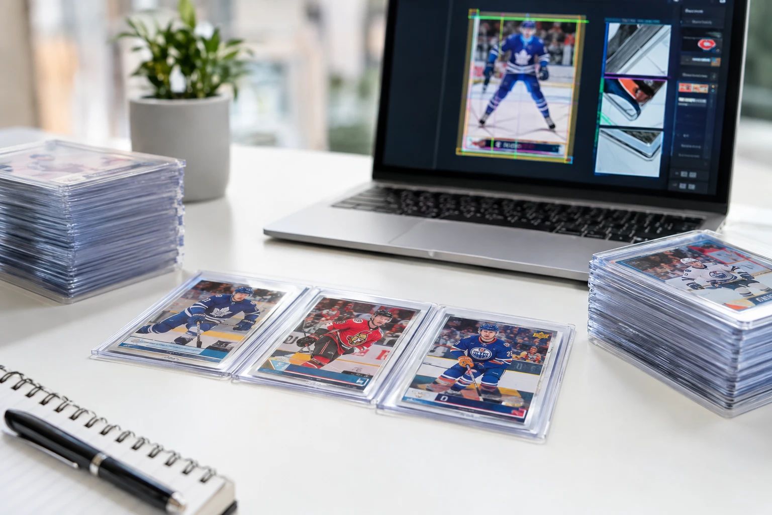 AI hockey card grading showing Upper Deck Young Guns NHL rookie cards being analyzed for centering and corners