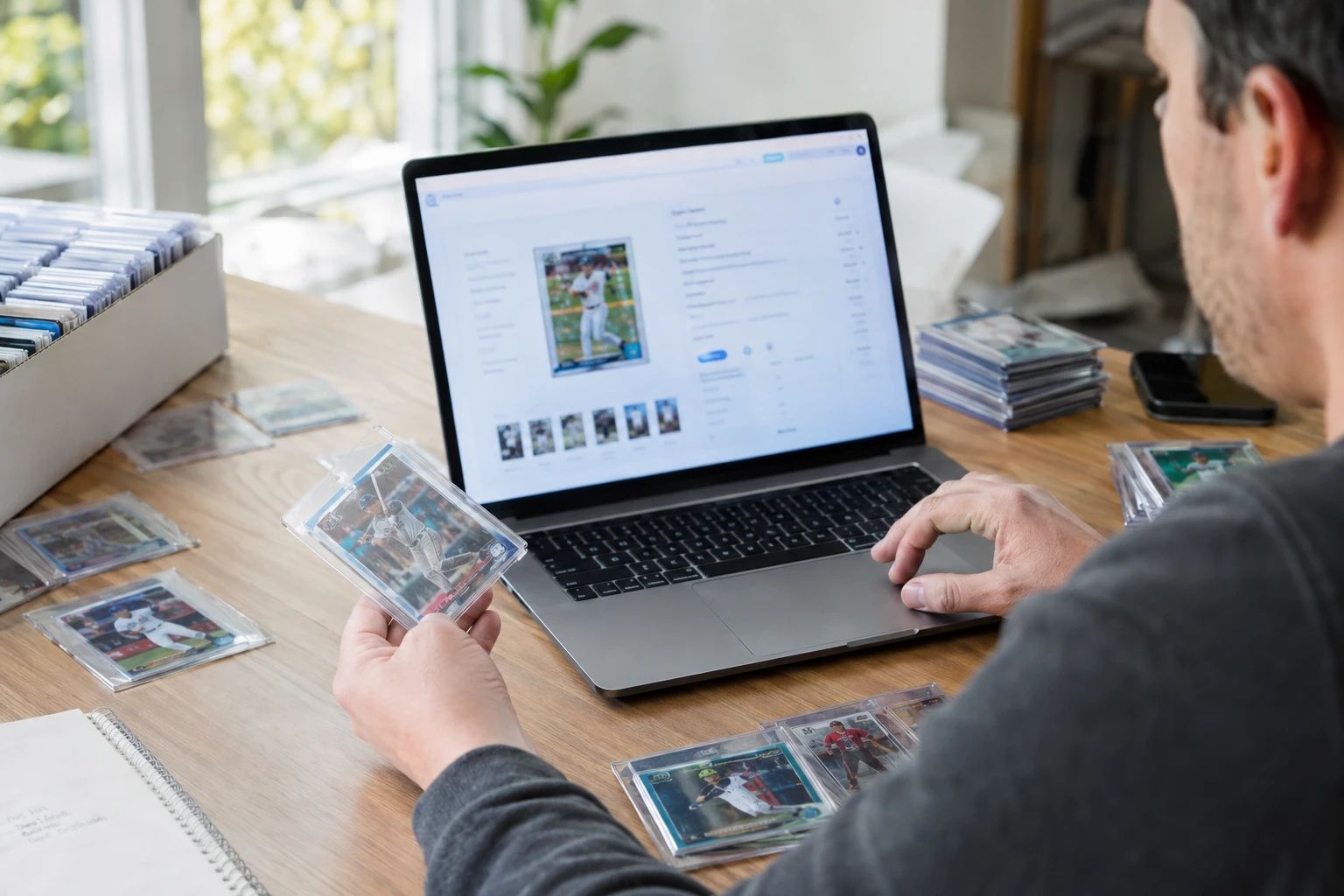 eBay seller using AI pre-grading tool on laptop to analyze trading cards before creating eBay listings with condition reports