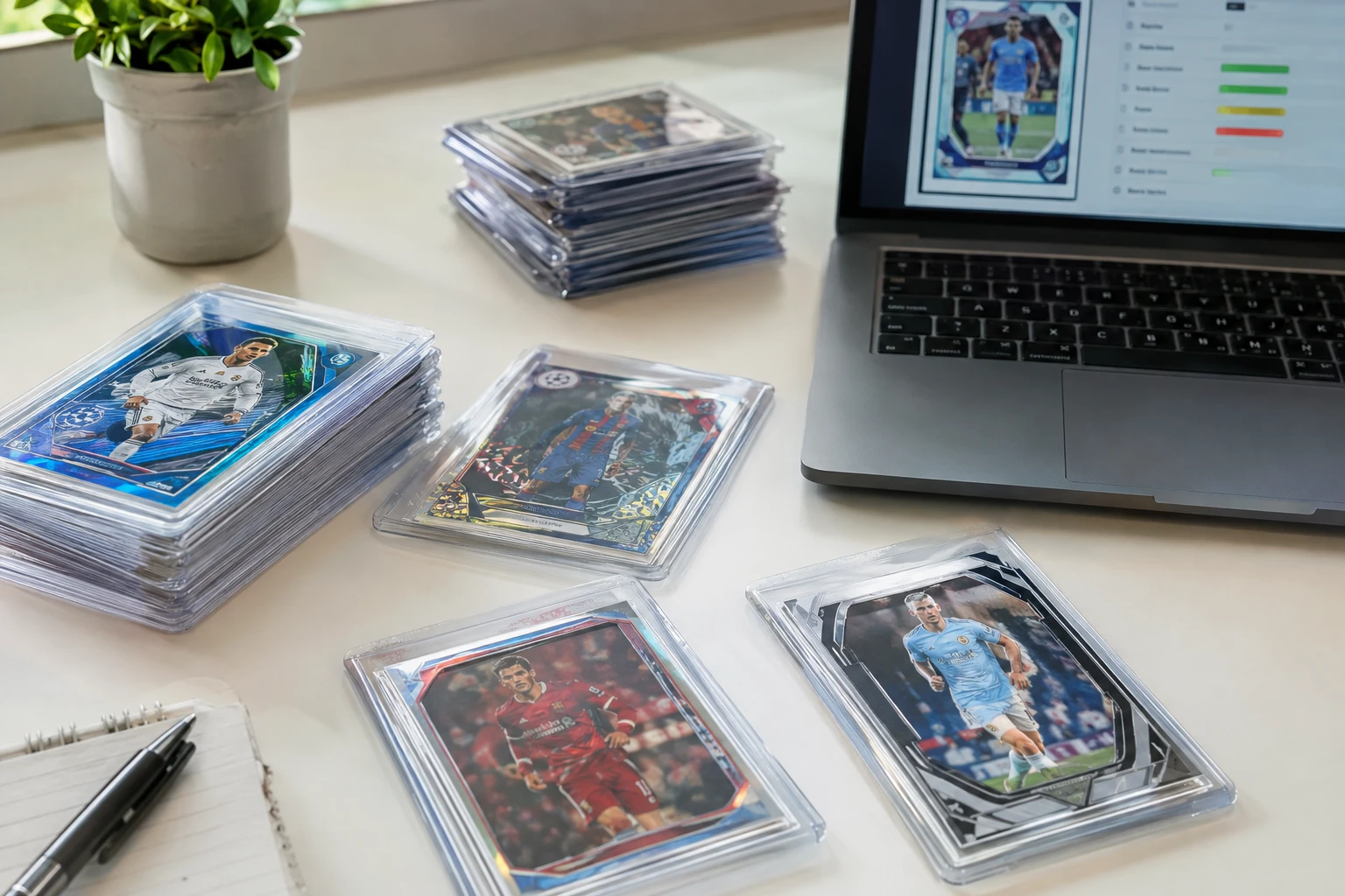 AI soccer card grading showing Topps Chrome UCL and Panini Prizm FIFA football cards being analyzed
