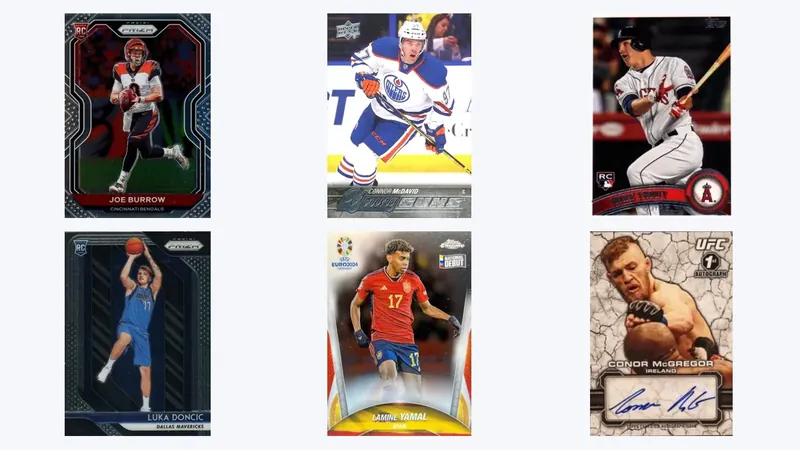 AI sports card grading collage showing football, hockey, baseball, basketball, soccer, and MMA cards