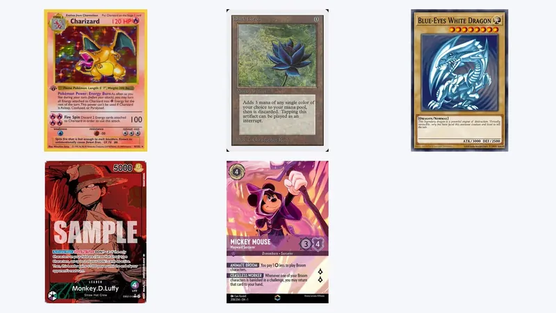 AI TCG grading collage showing Pokémon, Magic, Yu-Gi-Oh!, One Piece, and Lorcana cards