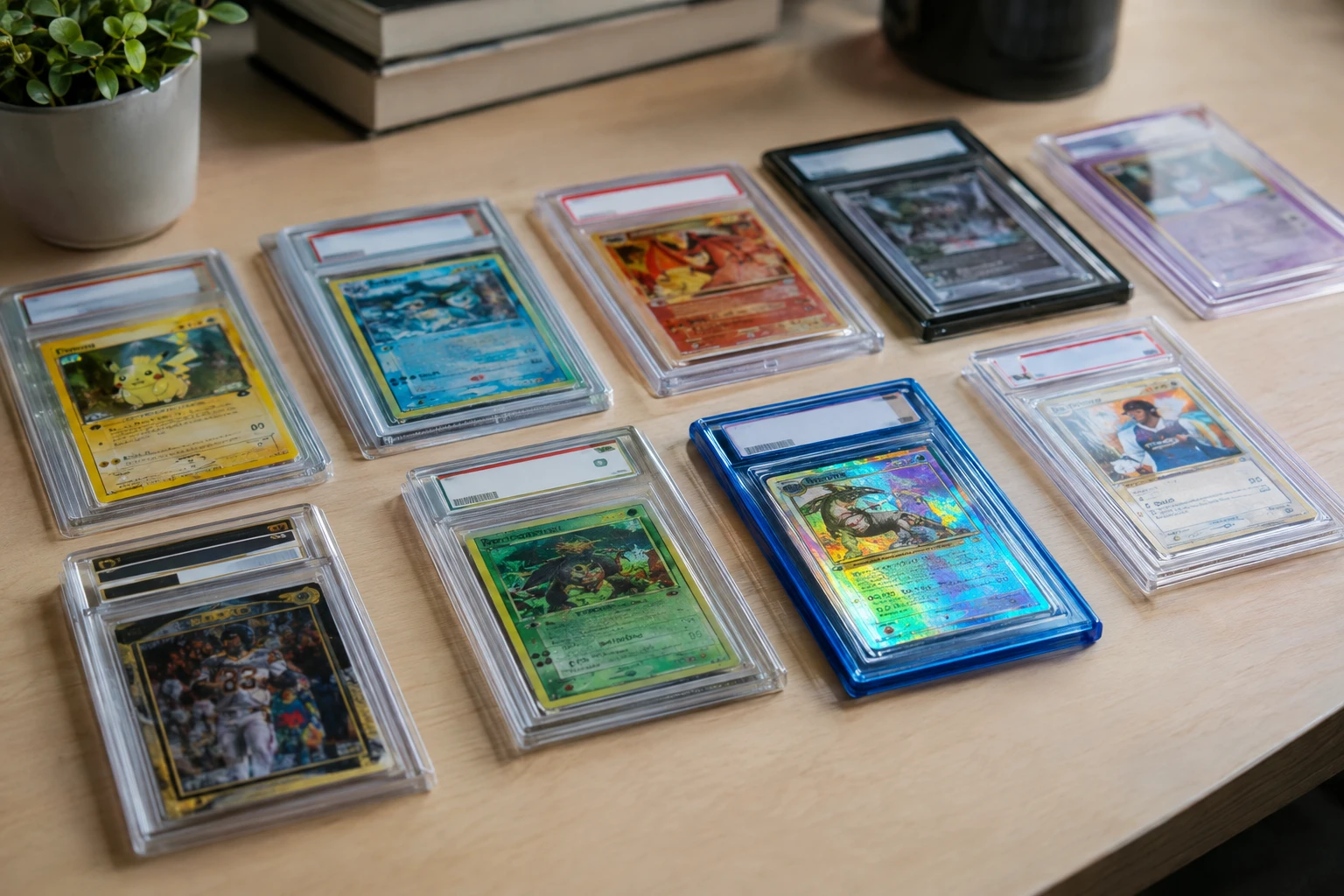 A lineup of trading card grading slabs in different cases and label styles