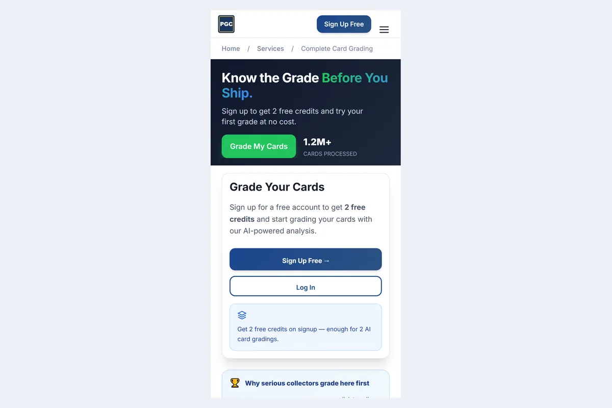 PreGradeCards AI card grading in Chrome on a Google Pixel 7