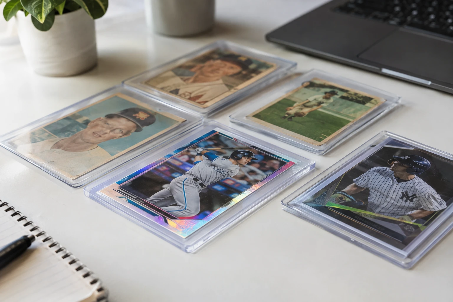 Vintage baseball cards and modern Topps Chrome rookie cards laid out for AI grading analysis