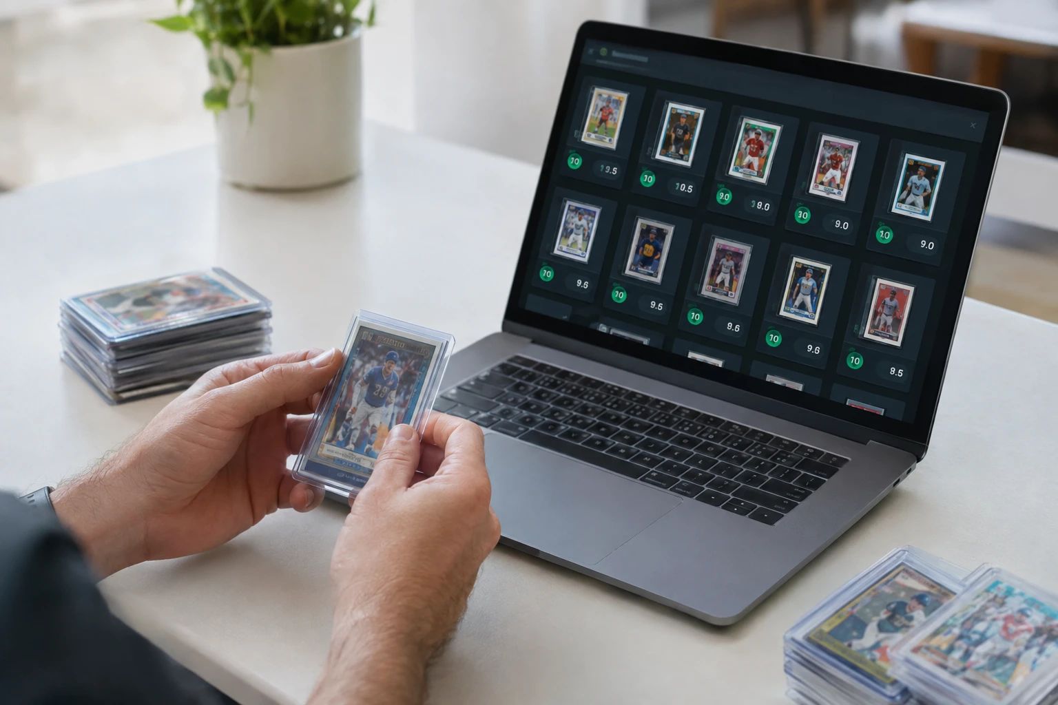 Batch AI card grading showing multiple trading cards being analyzed simultaneously with grade predictions