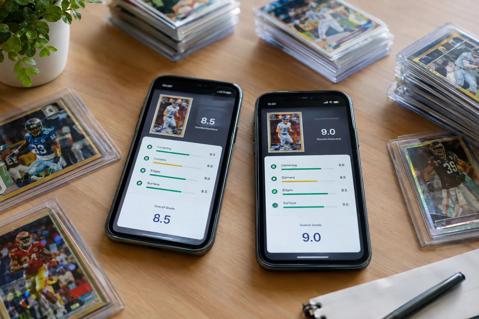 Comparison of AI card grading apps showing sub-grade breakdowns on phone screens surrounded by graded and raw trading cards