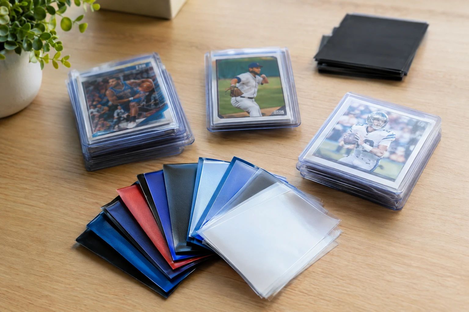 Assorted trading card sleeves from different brands arranged fanned out showing colors and textures