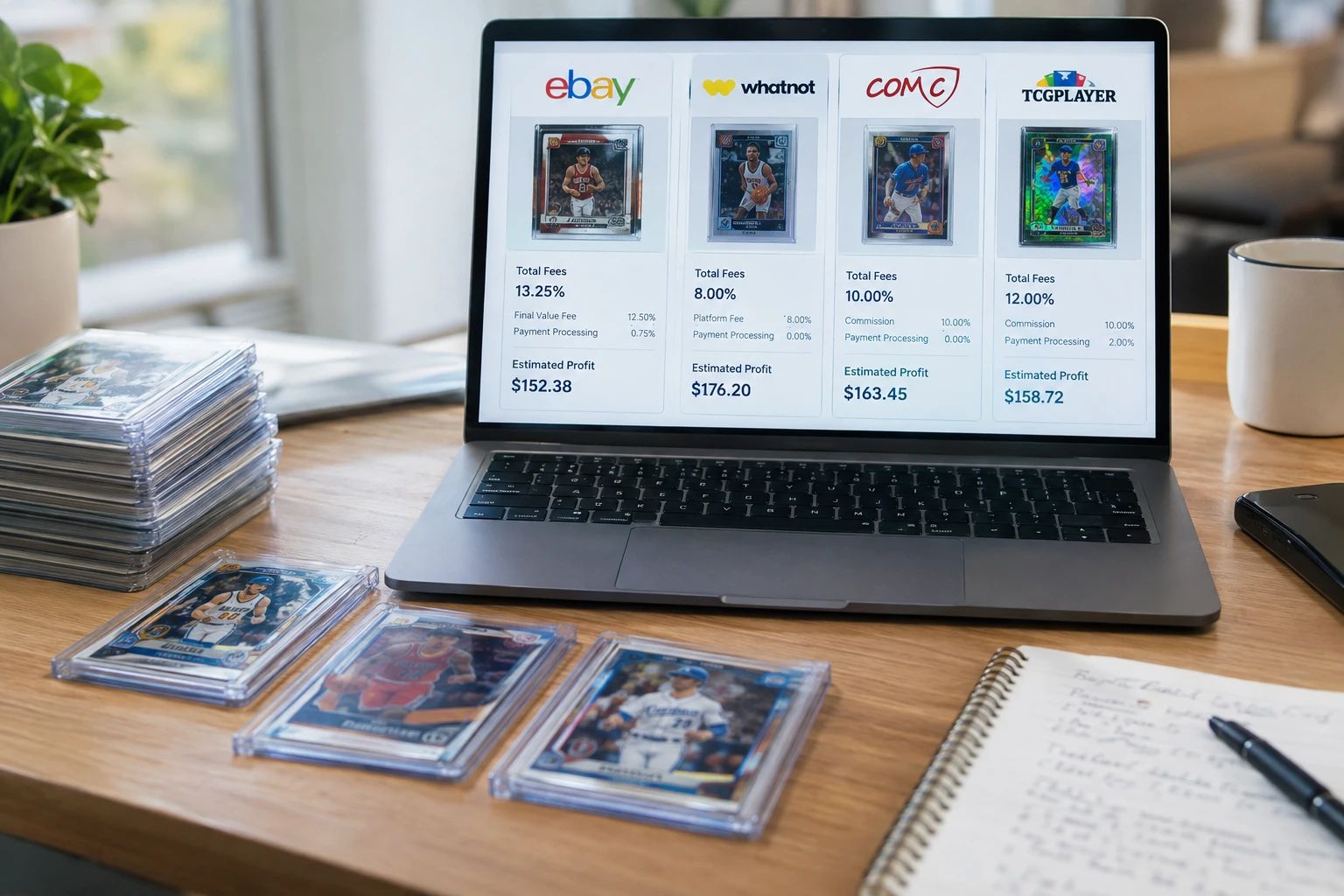 Comparison of online card marketplaces showing eBay, Whatnot, COMC, and TCGplayer interfaces with fee breakdowns and profit calculations