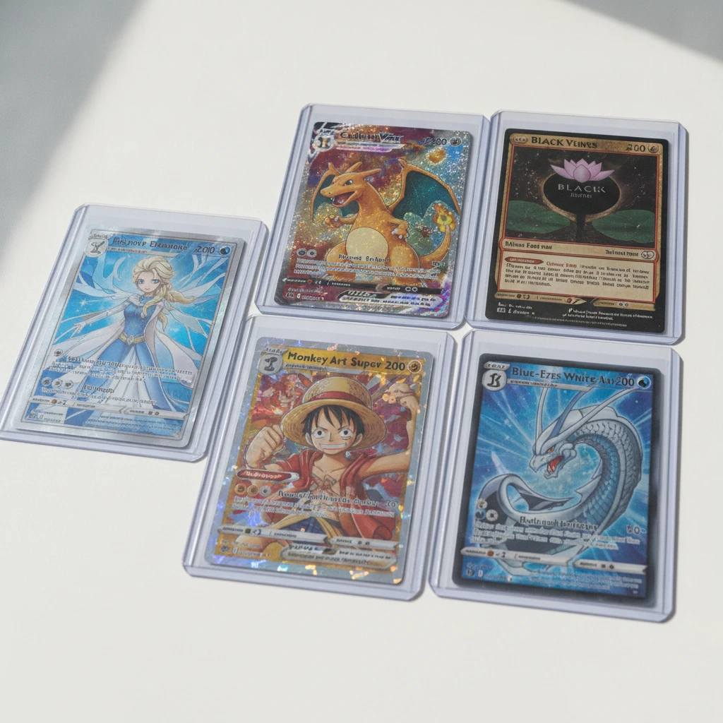 High-value chase cards from Pokémon, Magic: The Gathering, One Piece TCG, Lorcana, and Yu-Gi-Oh! arranged for grading