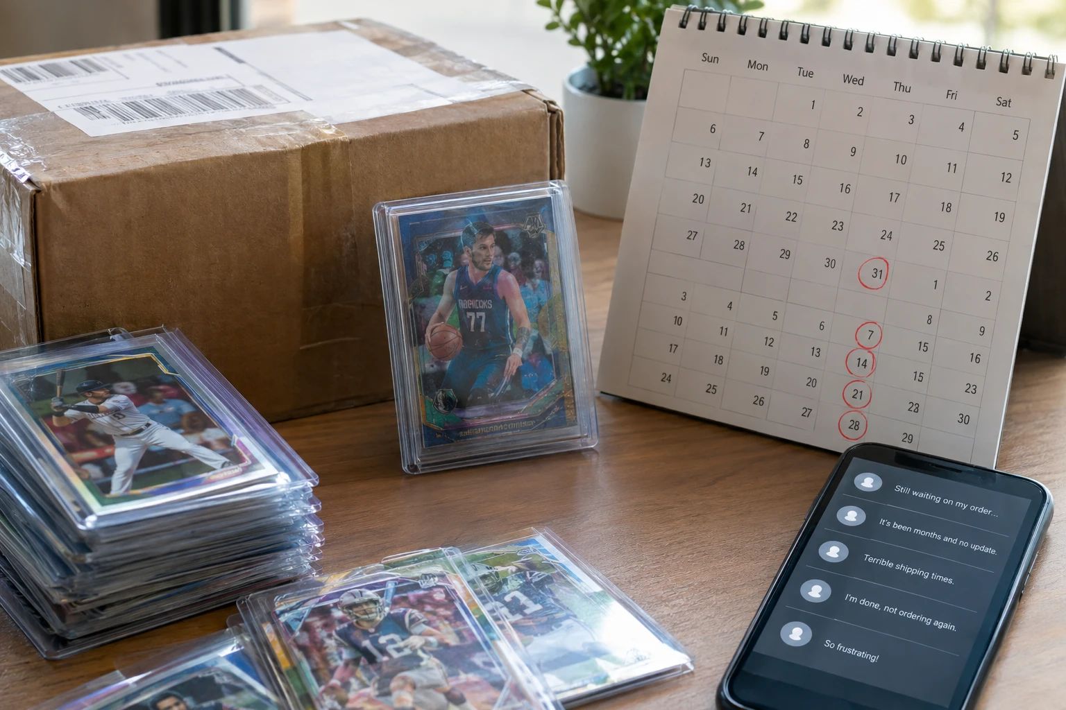 COMC shipping box delayed with calendar showing months of waiting and frustrated collector feedback
