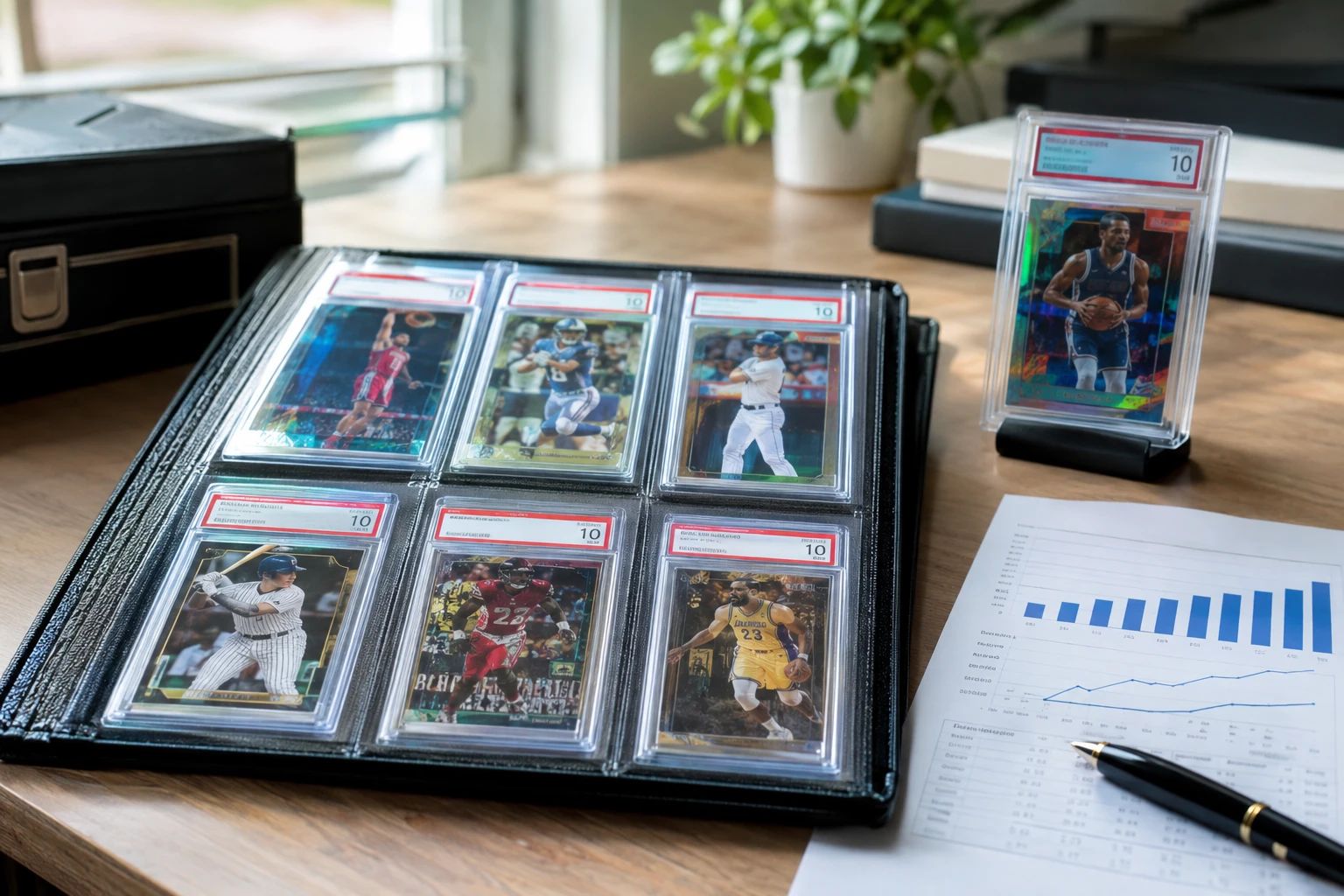 A portfolio of graded PSA 10 sports cards from basketball, football, and baseball with investment chart