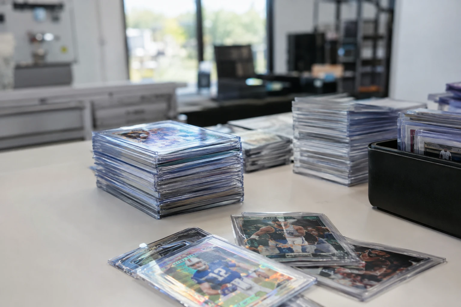 Beckett BGS grading facility with paused submission tiers and trading cards waiting to be processed