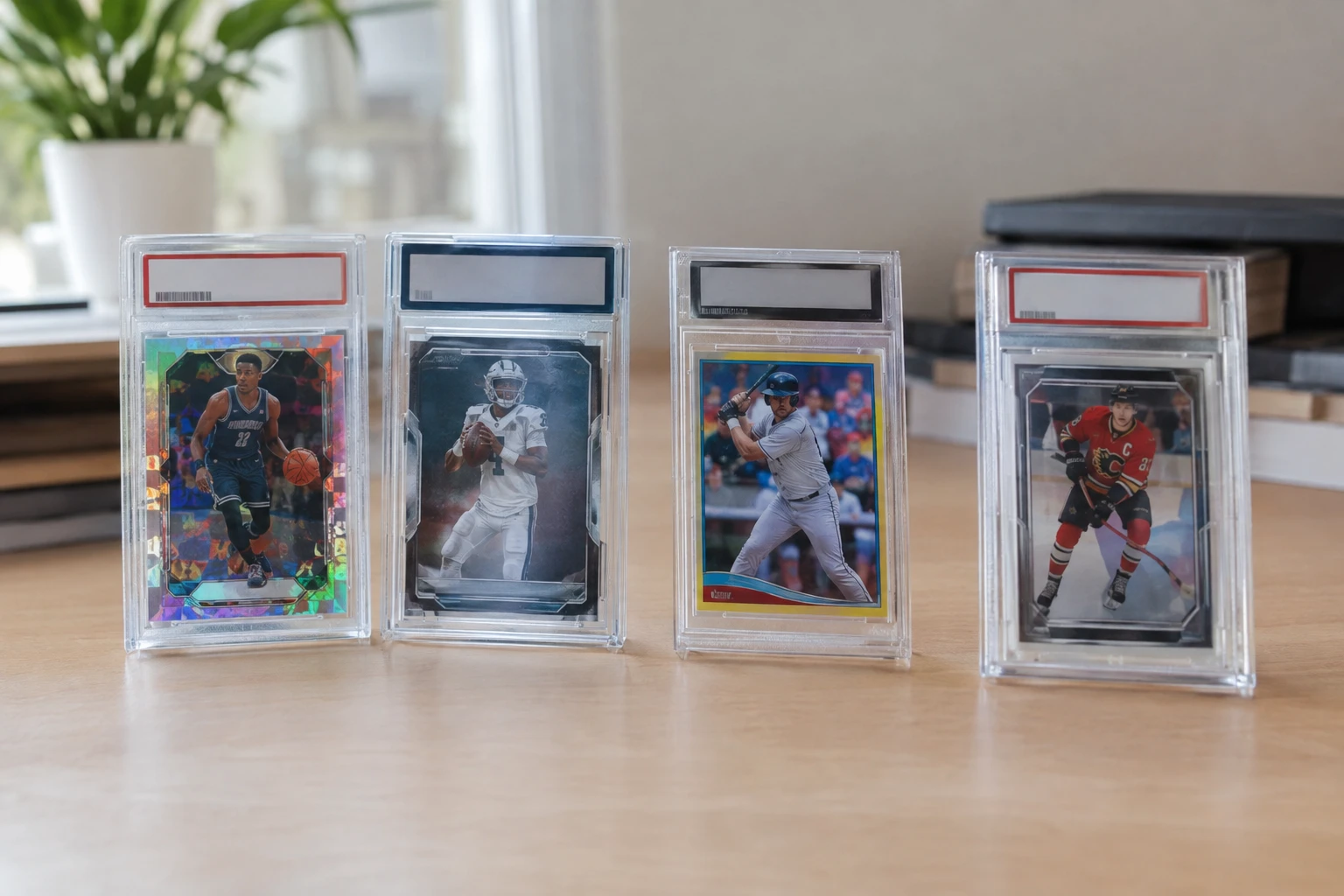 Several graded trading cards in different grading company slabs lined up on a table for comparison