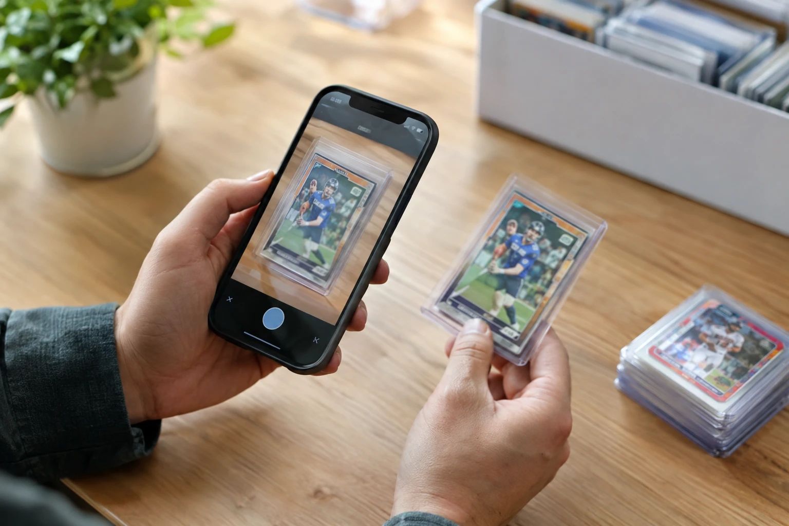 Person using smartphone to scan and appraise a trading card with AI valuation app