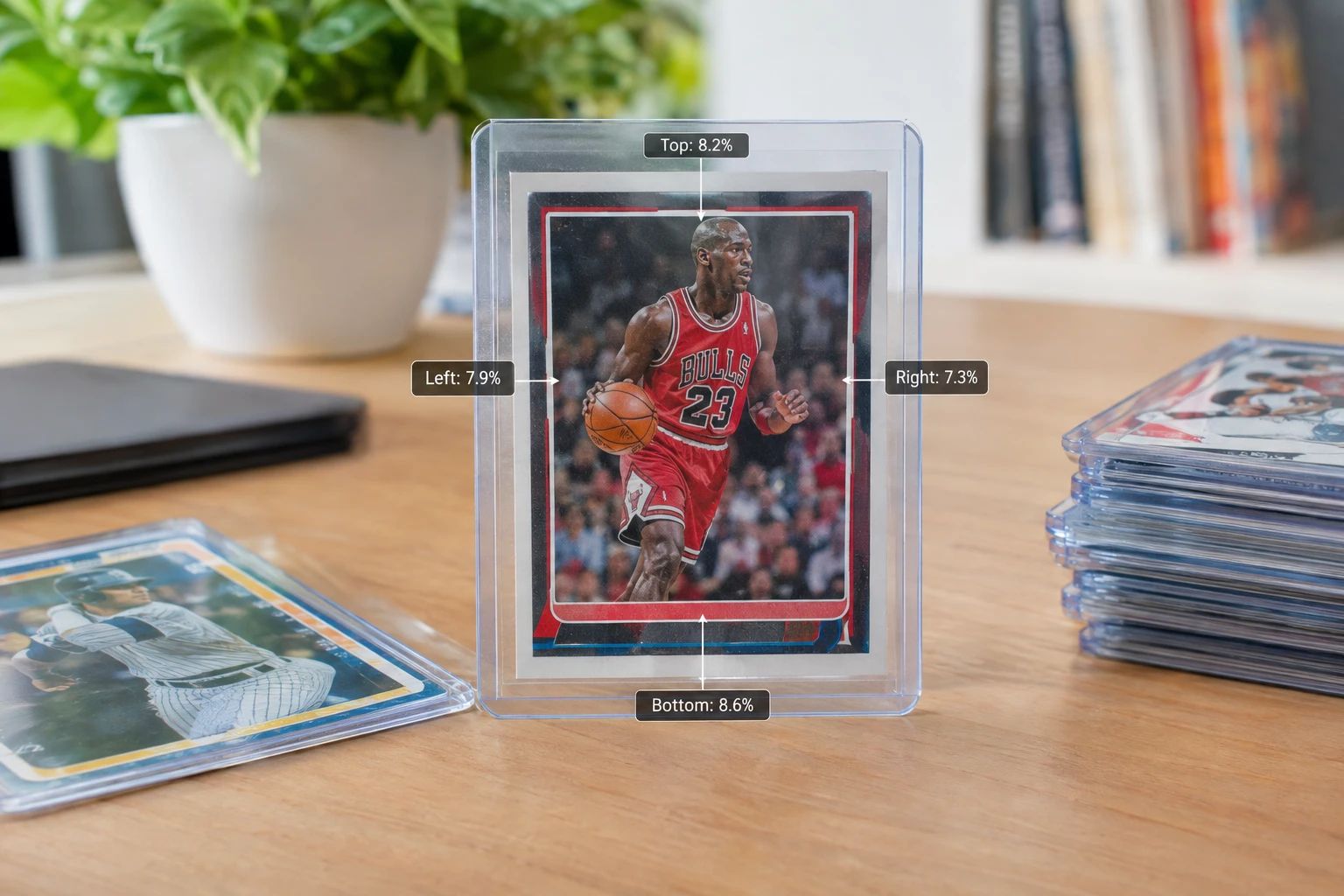 Trading card with centering analysis overlay showing left/right and top/bottom border ratio measurements