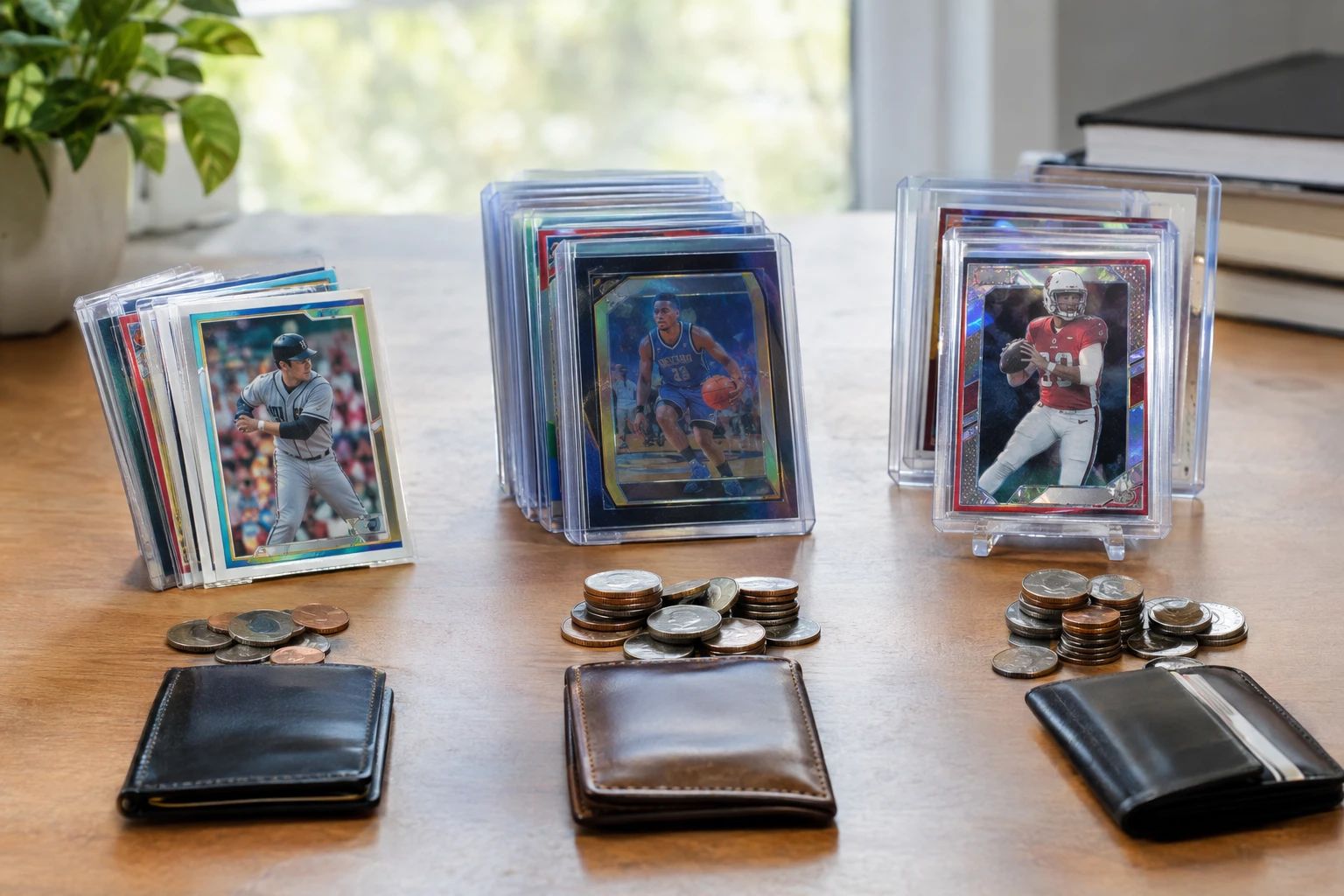 Trading cards arranged by budget tier with coins and wallet representing different spending levels