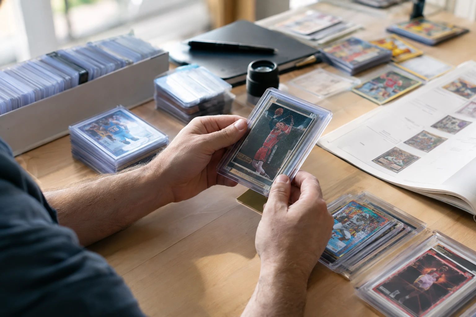 Sports card and TCG card collection being organized and appraised with grading tools and price guides