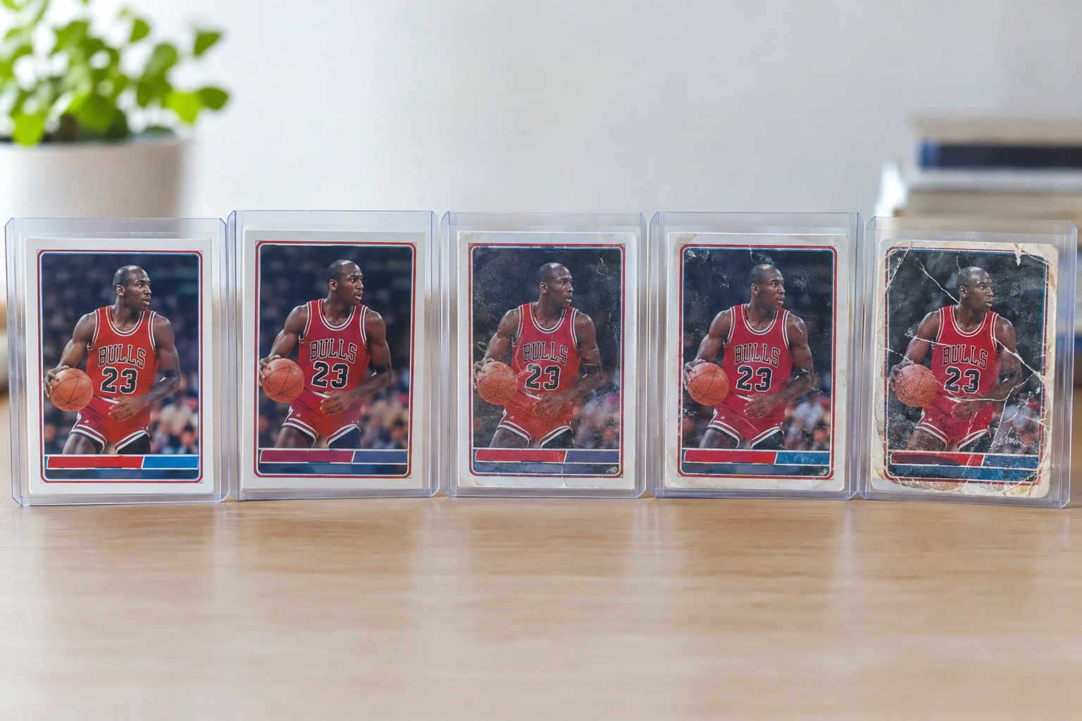 Trading cards in various conditions from Near Mint to Damaged arranged in a row for comparison