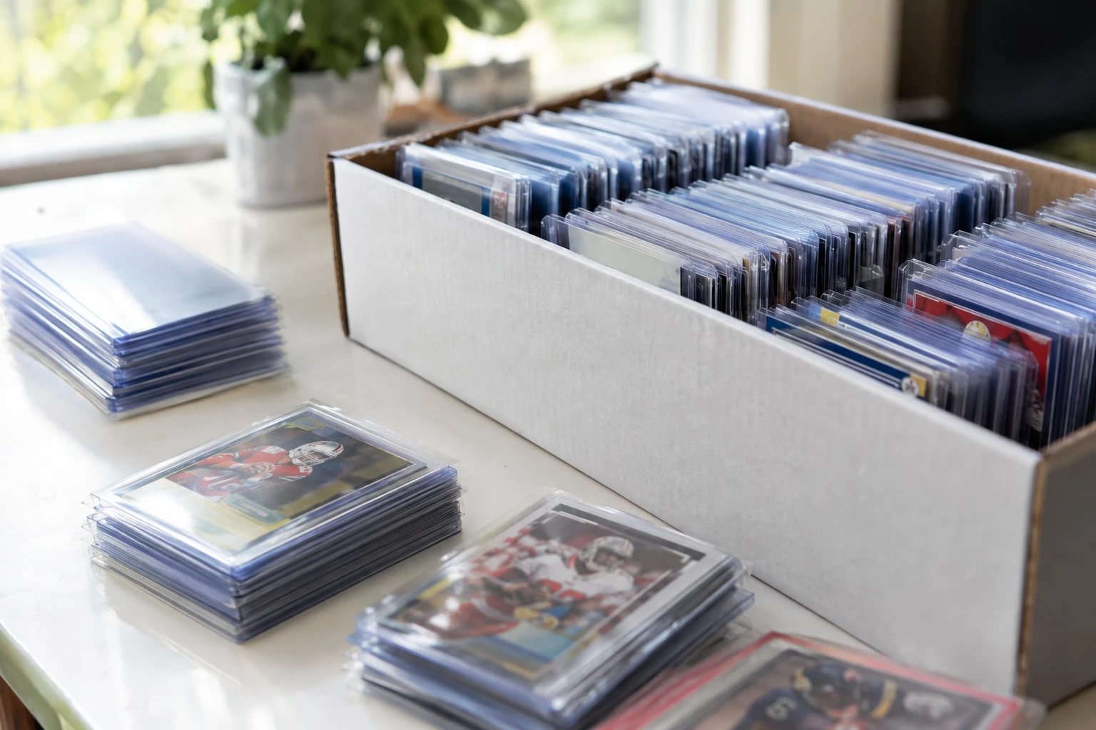 A large organized stack of trading cards in penny sleeves and semi-rigid holders packed for a bulk grading submission