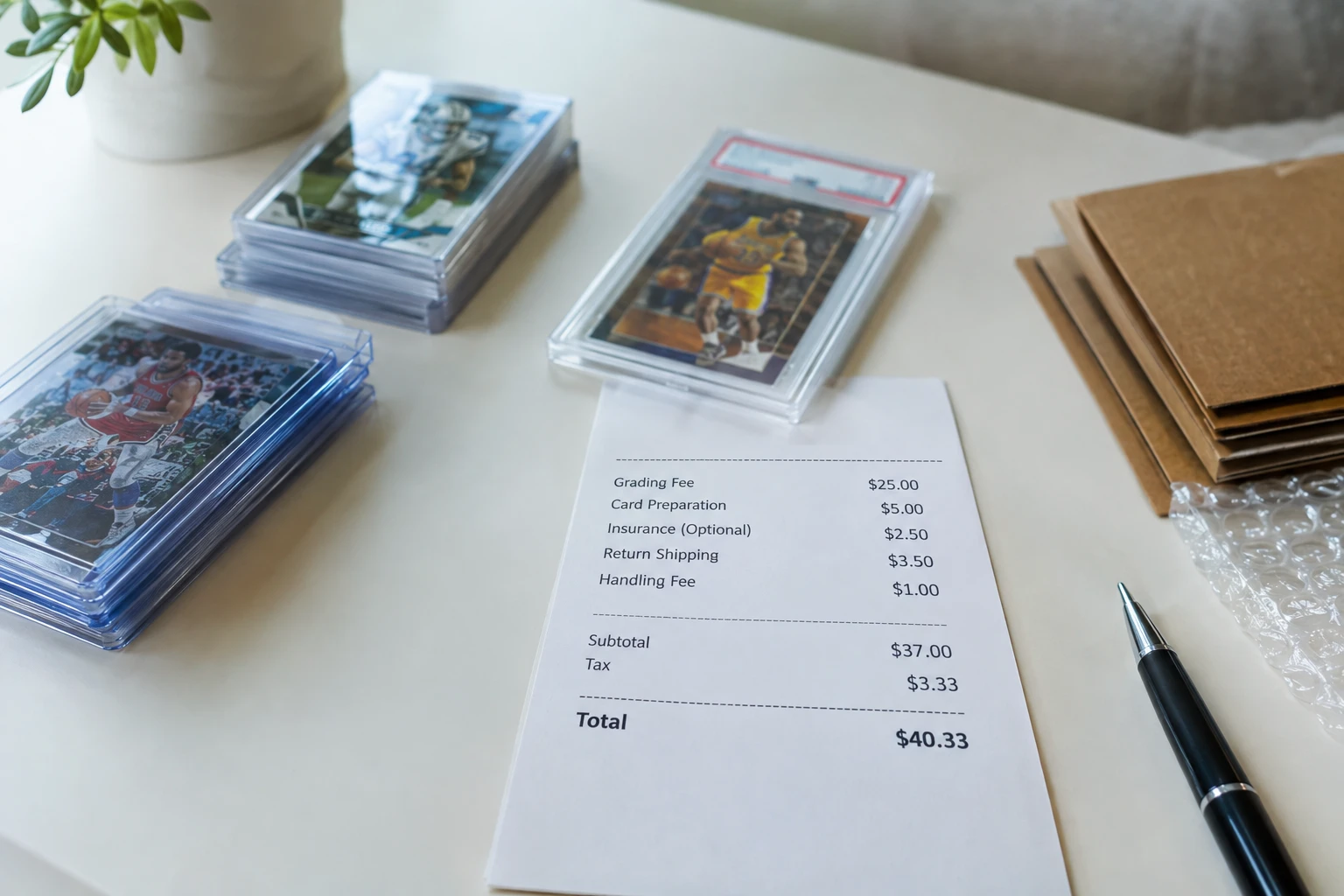 Itemized receipt-style breakdown of card grading costs on a desk next to a graded card and packing supplies