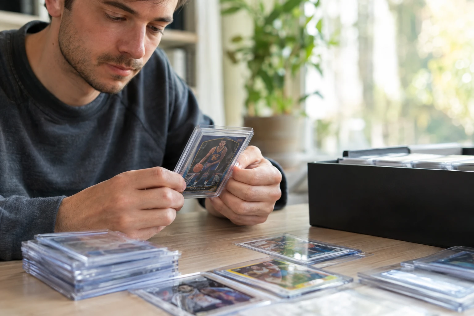A collector's work table with trading cards, penny sleeves, semi-rigid holders, and a submission form being prepared