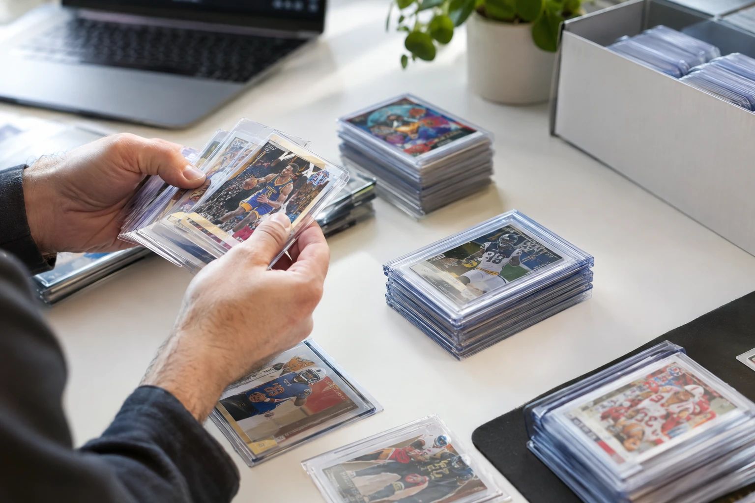 Raw sports cards and TCG cards being sorted for AI pre-grading before professional submission
