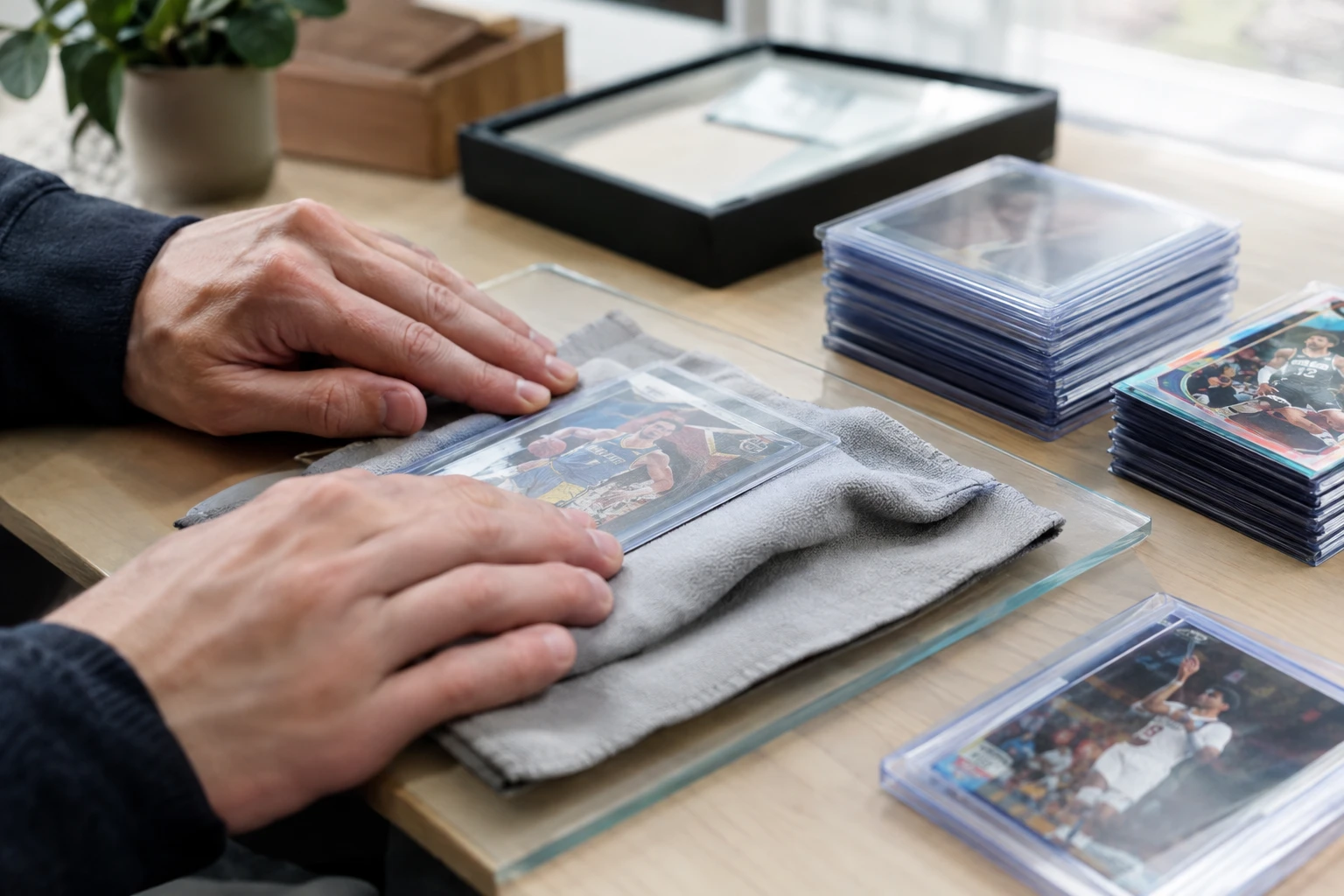A trading card between clean cloth and flat surfaces being carefully pressed on a work desk