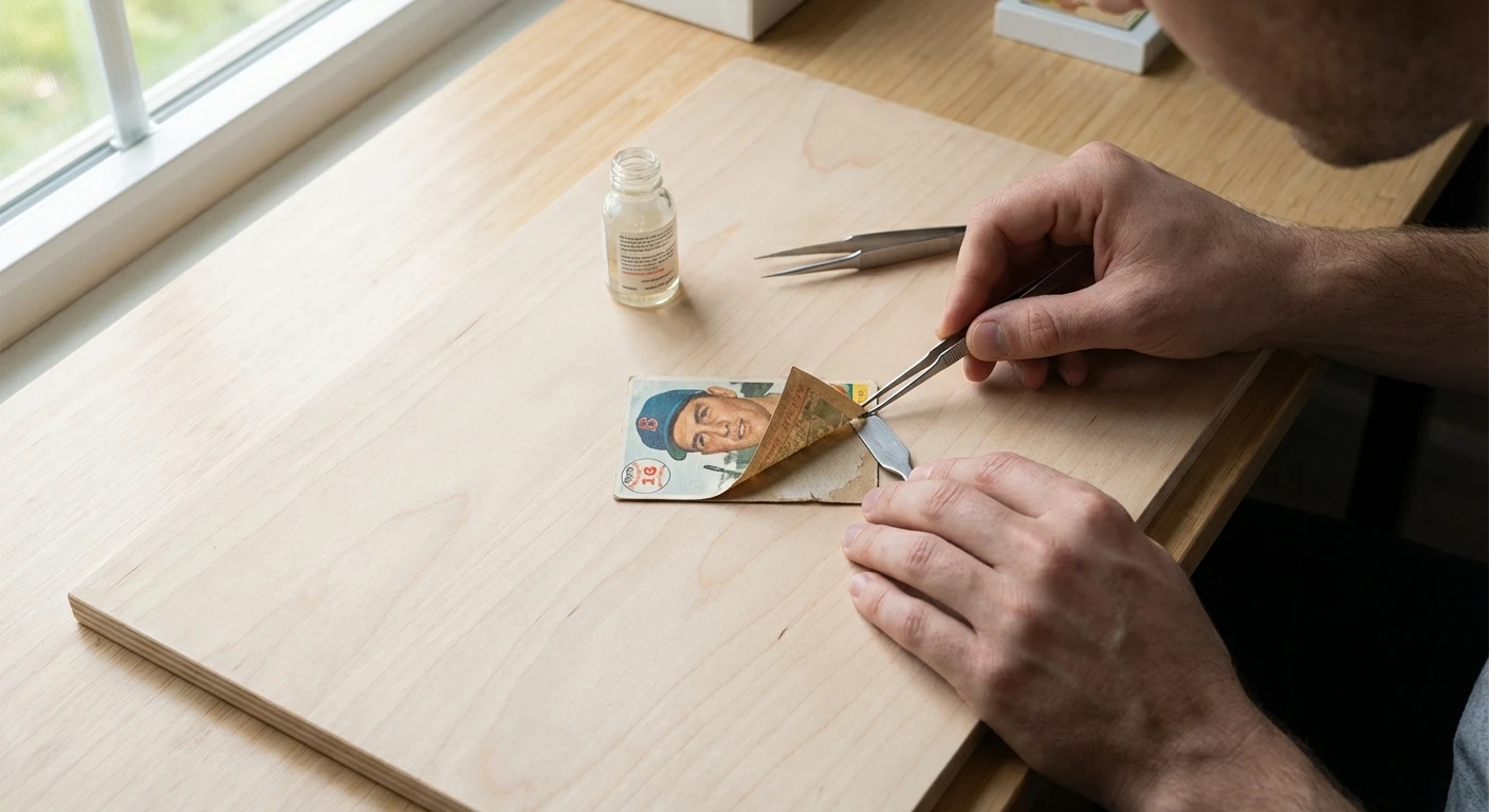 Card being separated into layers for rebacking