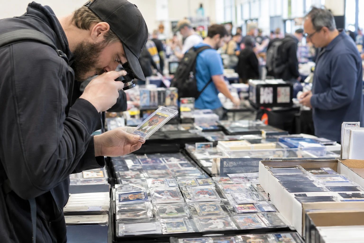 A bustling card show with collectors browsing dealer tables and inspecting cards with loupes