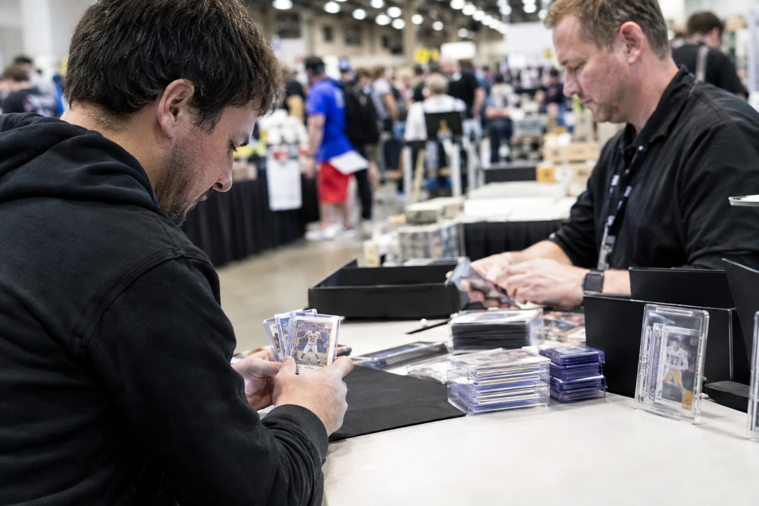 Card collector submitting trading cards at a grading booth during a busy card show convention