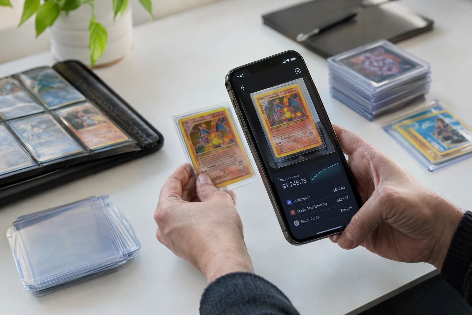 Smartphone scanning a trading card with collection tracker app showing portfolio value