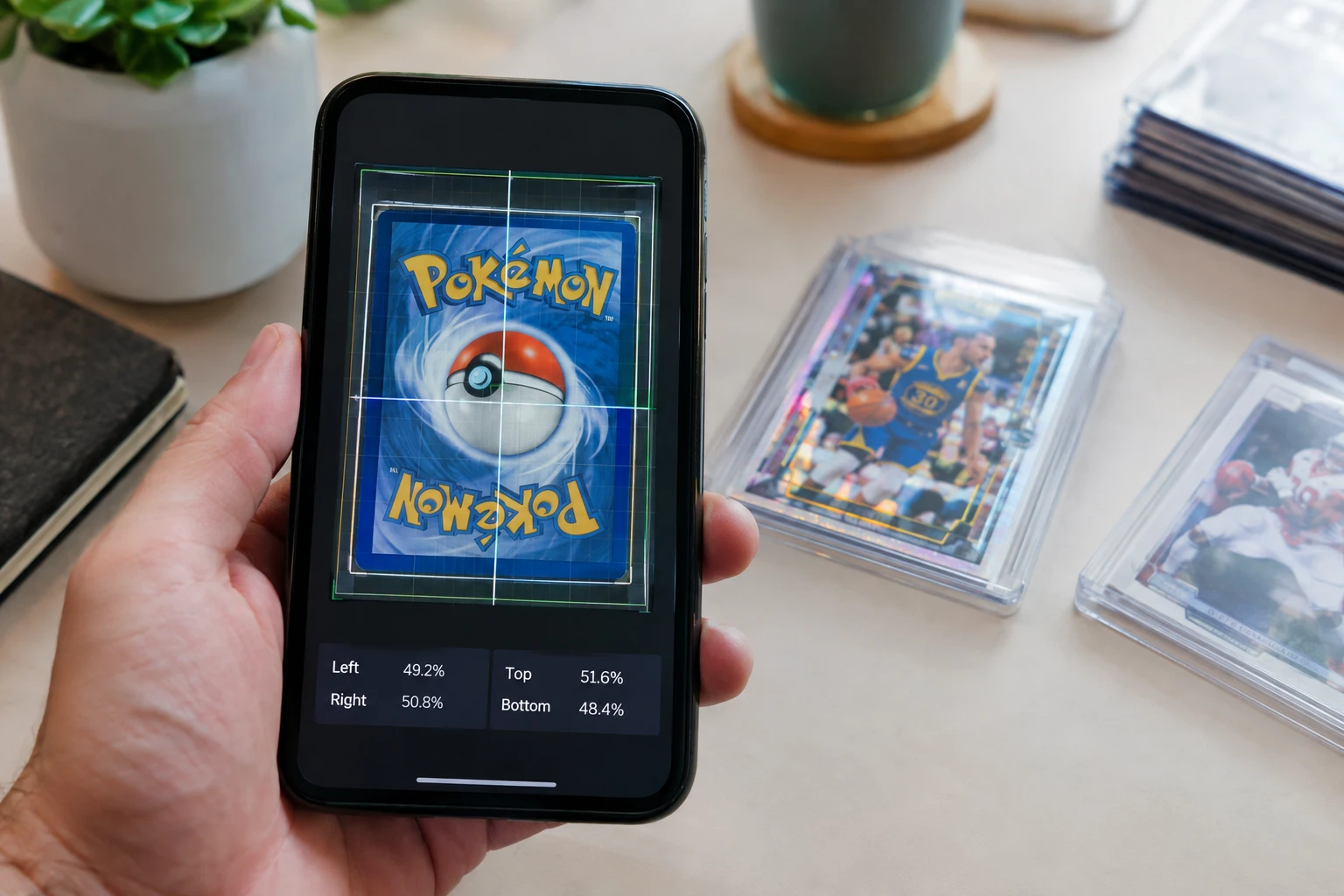 AI centering tool overlaying a grid on a Pokémon card to measure left-right and top-bottom centering ratios