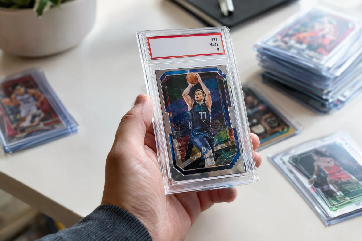 CGC-graded trading card in a clear slab on a collector's desk next to a cardboard submission box
