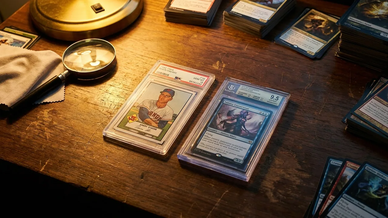A CGC-graded card slab and a PSA-graded card slab side by side on a desk