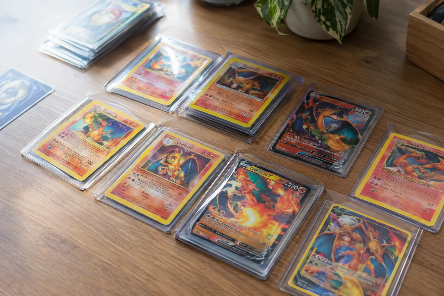 Collection of Pokemon Charizard trading cards from different eras arranged on a wooden table