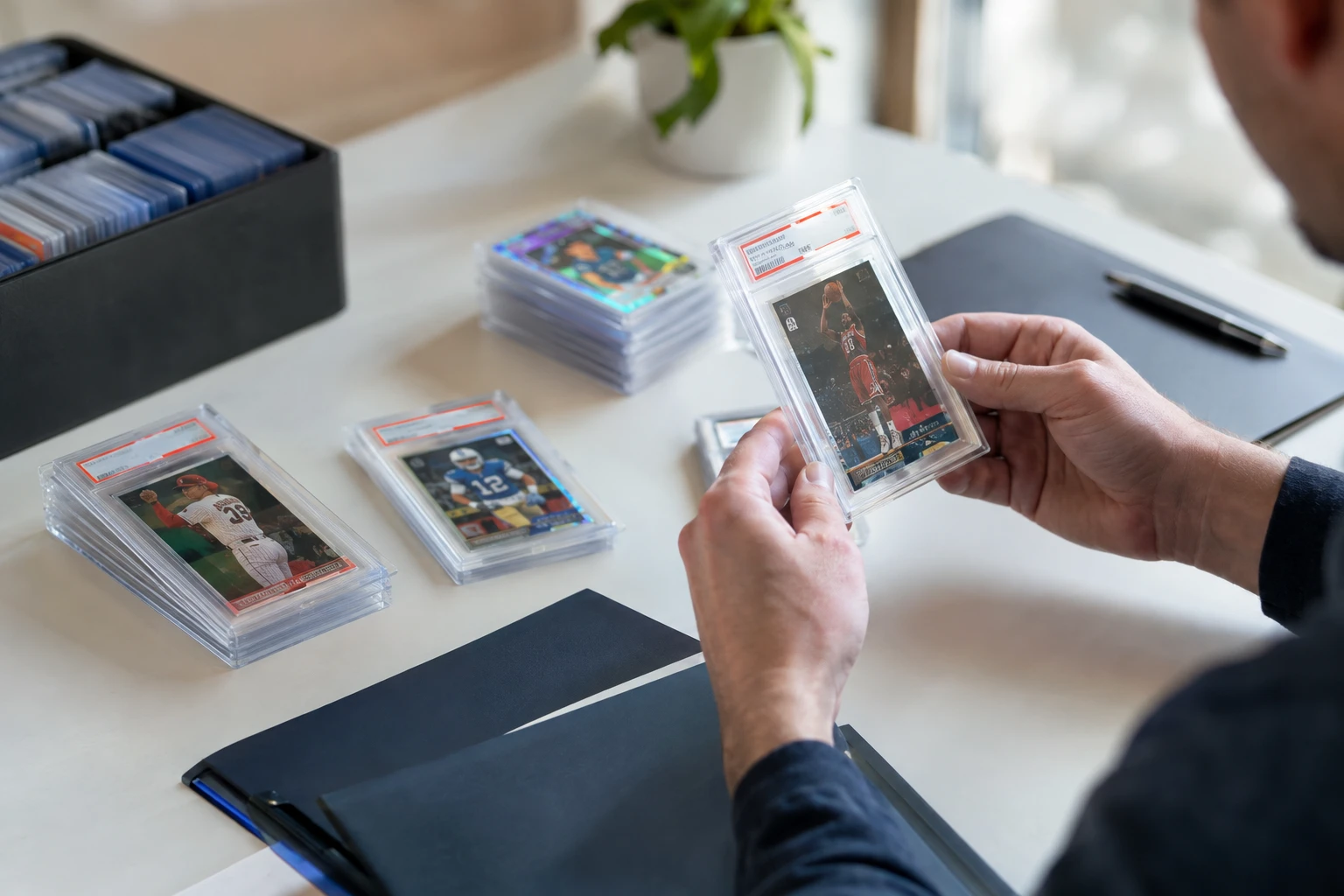 PSA Collectors Club membership concept showing graded cards and membership materials on a collector's desk