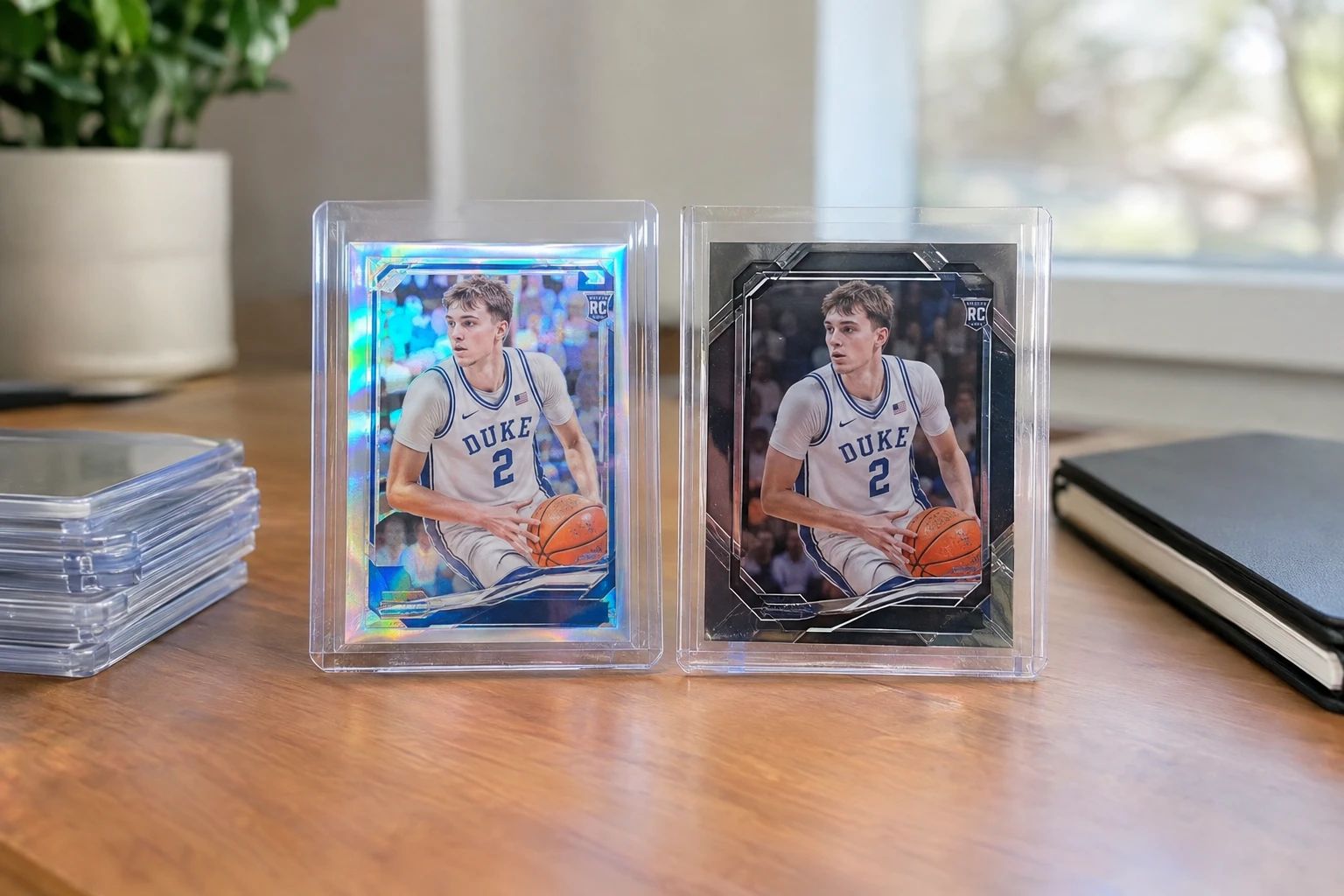 Cooper Flagg Topps Chrome and Prizm rookie cards displayed for PSA grading comparison