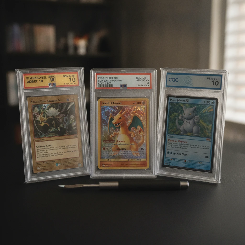 PSA, BGS, and CGC graded TCG slabs displayed with a slab cracking tool on a collector mat