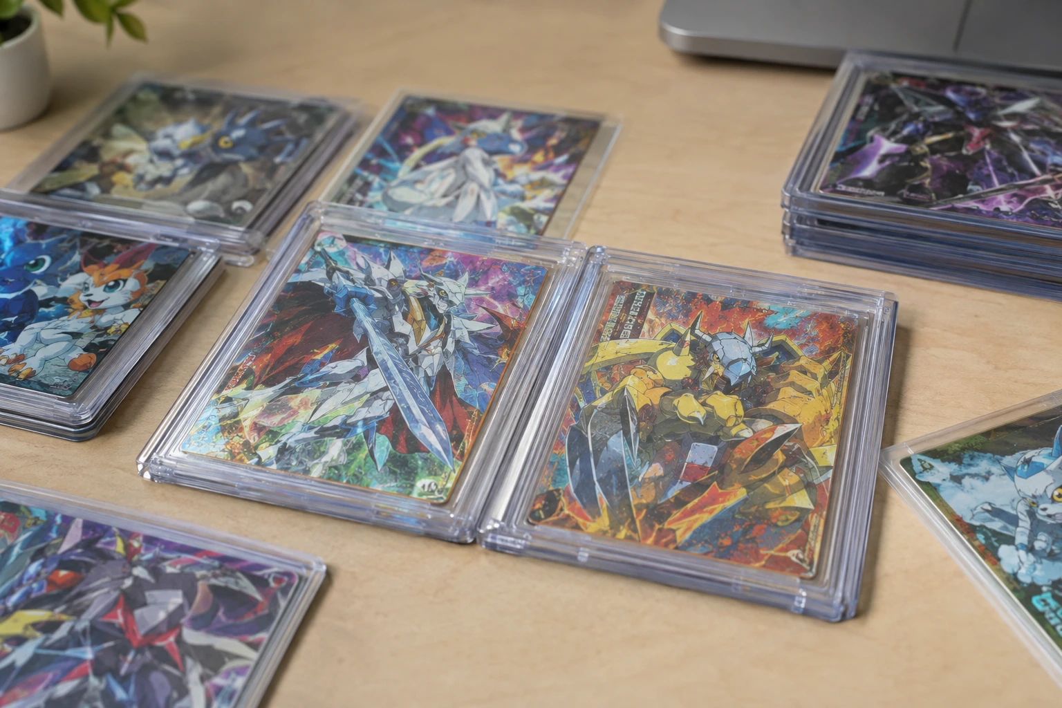 Digimon TCG cards including Omnimon and WarGreymon alternate arts laid out for AI grading analysis