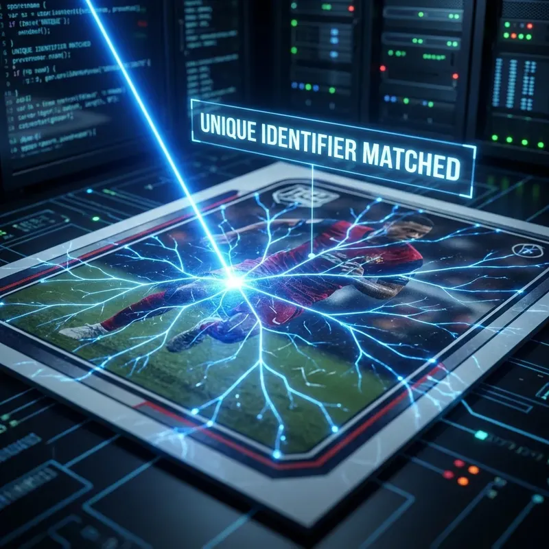 Futuristic AI scan of a trading card creating a digital fingerprint