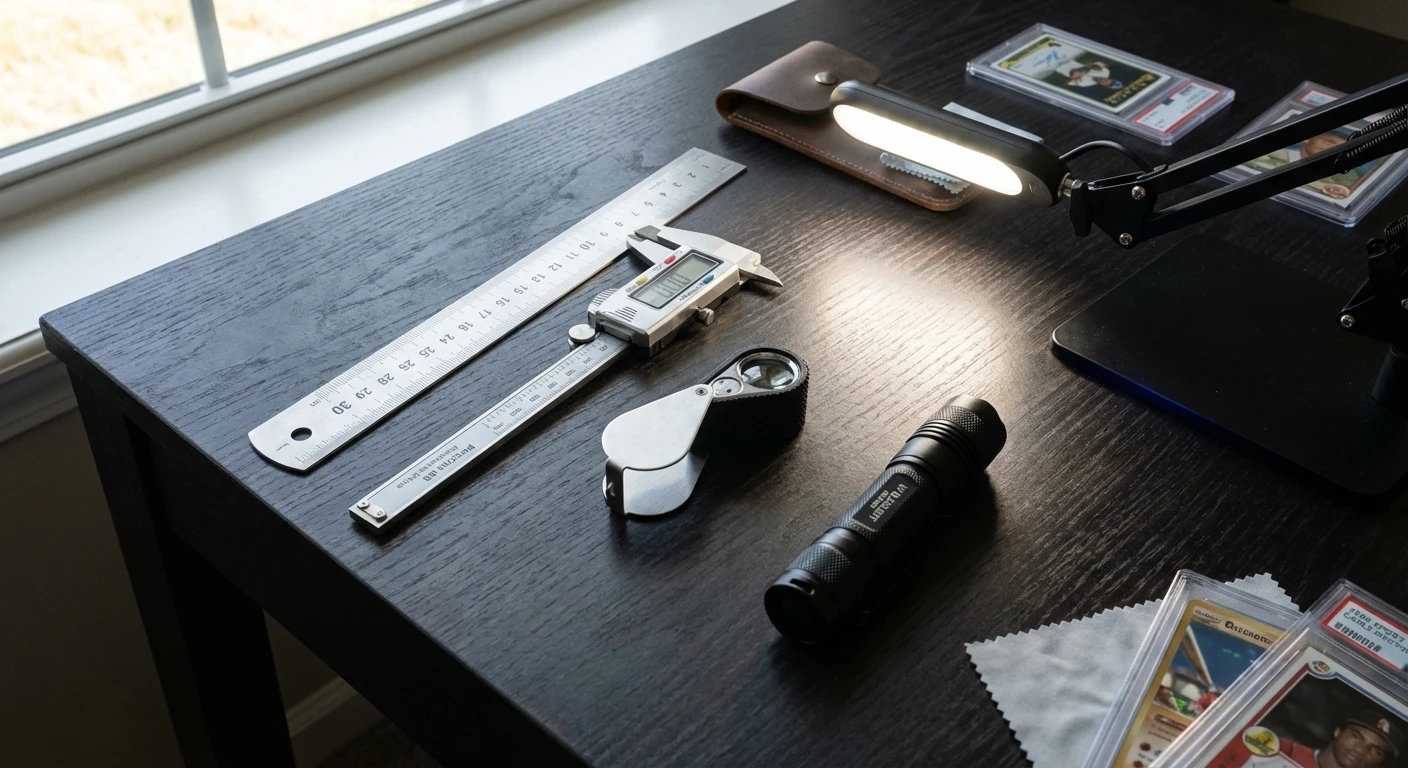 Professional card doctoring detection toolkit with calipers, loupe, UV light, and ruler