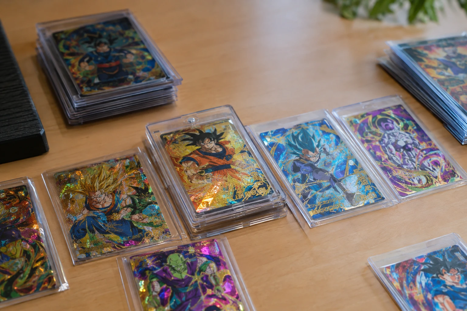 Dragon Ball Super God Rare and Secret Rare cards laid out for AI grading analysis