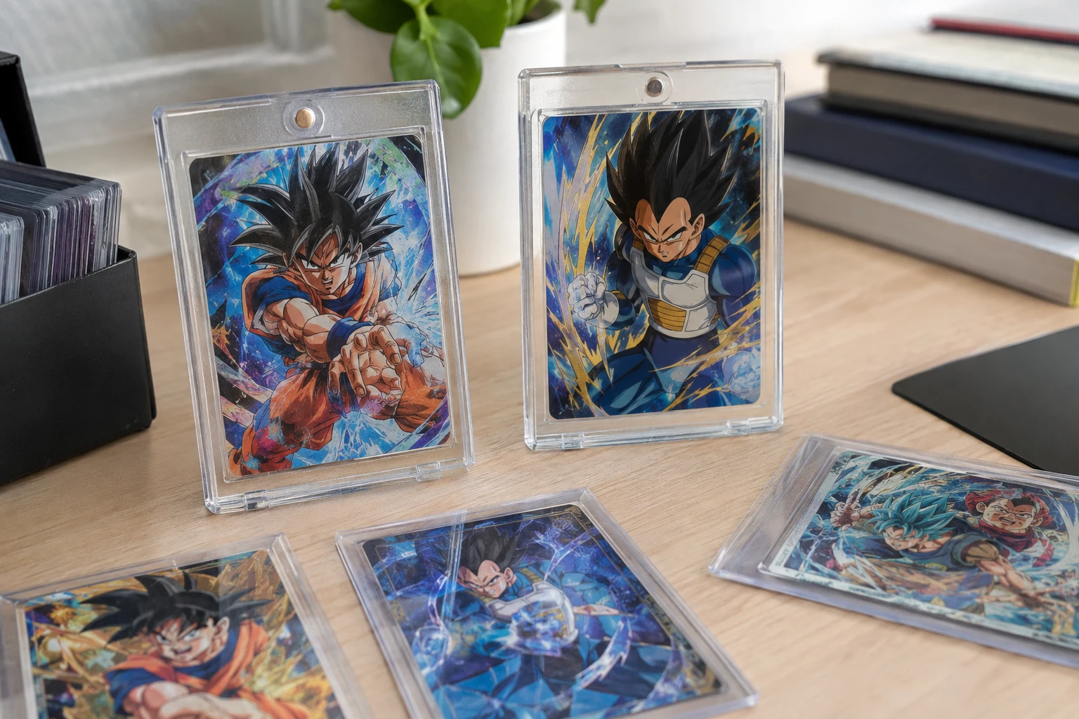 Dragon Ball Super Card Game cards featuring Goku and Vegeta artwork on a collector's table