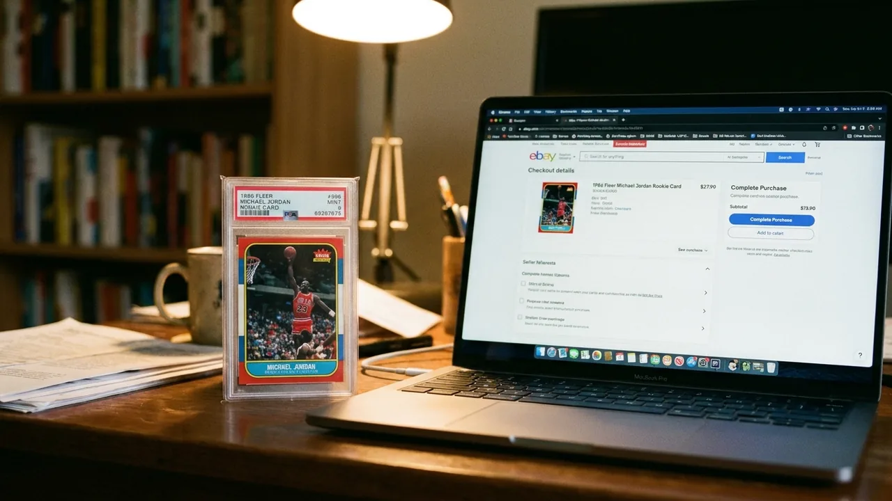 A PSA graded card slab next to a laptop showing an online marketplace checkout screen